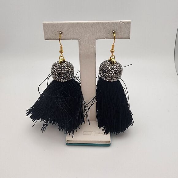 NWOT Molly Phillips Jacqueline Black Tassel & Rhinestone Earrings - Picture 1 of 3